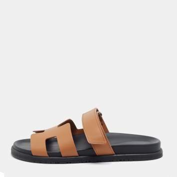 Pre Owned Hermes Chypre Size 40 Brown Leather Flat Slides