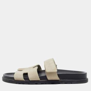 Pre Owned Hermes Chypre Size 43 Beige Suede Flat Slides