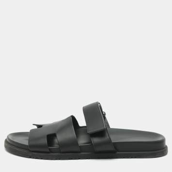 Pre Owned Hermes Chypre Size 46.5 Black Leather Flat Sandals