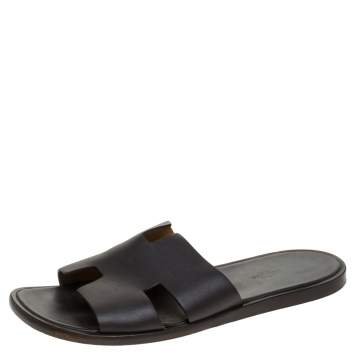 Pre Owned Hermes Dark Brown Leather Izmir Flat Slides Size 44