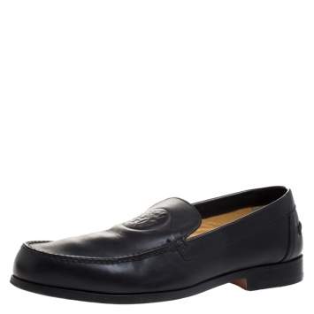 Pre Owned Hermes Black Logo Embossed Leather Slip On Loafers Size 41
