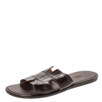 Pre Owned Hermes Brown Croc Leather Izmir Flat Sandals Size 42