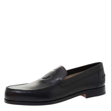 Pre Owned Hermes Black Logo Embossed Leather Slip On Loafers Size 41.5