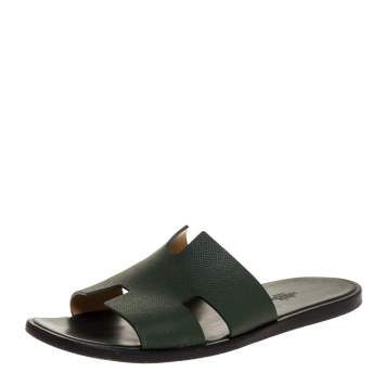 Pre Owned Hermes Green Leather Izmir Flat Slides Size 43.5 
