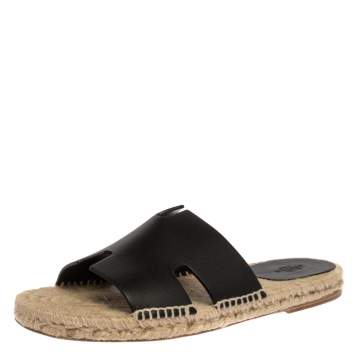 Pre Owned Hermes Black Leather Antigua Espadrille Sandals Size 41