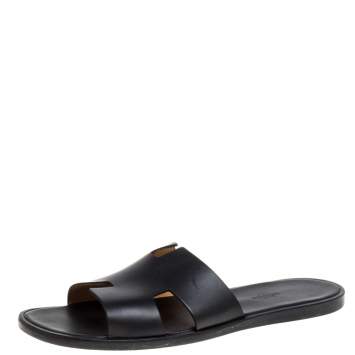 Pre Owned Hermès Black Leather Izmir Slide Sandals Size 46.5