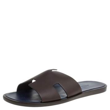 Hermes Brown/Blue Epsom Leather Izmir Flat Slides Size 43