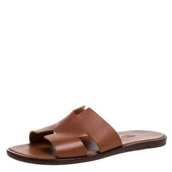 Pre Owned Hermes Brown Leather Izmir Flat Slides Size 42.5