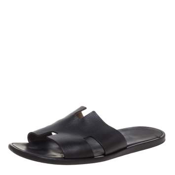 Pre Owned Hermes Dark Brown Leather Izmir Slide Sandals Size 43