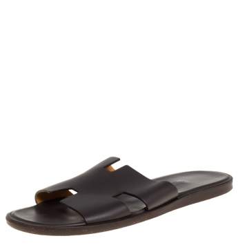 Pre Owned Hermes Dark Brown Leather Izmir Flat Sandals Size 40.5