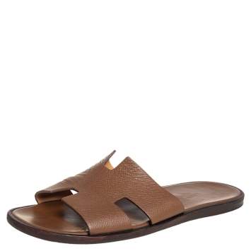Pre Owned Hermes Brown Leather Izmir Flat Slides Size 42.5
