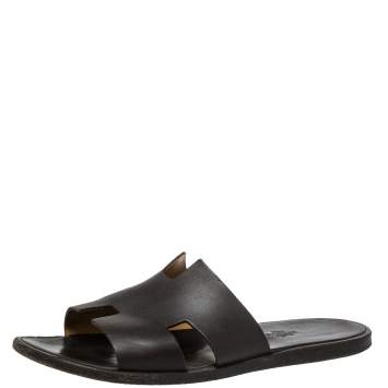 Hermes Dark Brown Leather Izmir Flat Slides Size 43.5
