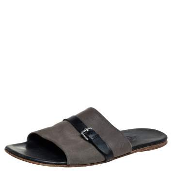 Pre Owned Hermes Grey/Black Suede And Leather Slide Sandals Size 41 