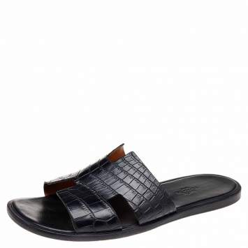 Pre Owned Hermes Black Alligator Leather Izmir Flat Sandals Size 43