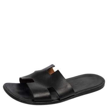 Pre Owned Hermes Black Leather Izmir Slide Sandals Size 43 