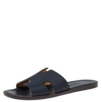 Pre Owned Hermés Dark Blue Leather Izmir Flat Slides Size 42.5