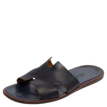 Pre Owned Hermés Navy Blue Lizard Embossed Leather Izmir Flat Slides Size 44.5