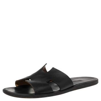 Pre Owned Hermes Black Leather Izmir Slide Sandals Size 40.5