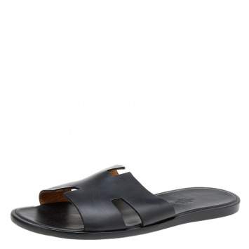 Pre Owned Hermes Black Leather Izmir Flat Slides Size 45