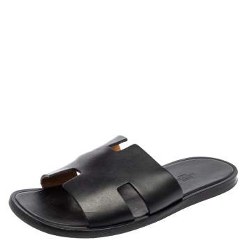Pre Owned Hermes Black Leather Izmir Flat Slides Size 40