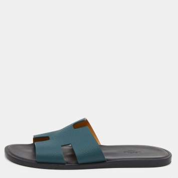 Pre Owned Hermés Green Epsom Leather Izmir Flat Slides Size 42.5