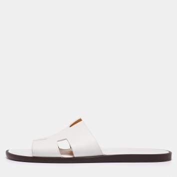 Pre Owned Hermes White Leather Izmir Flat Slides Size 46