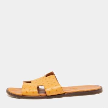 Pre Owned Hermes Light Orange Ostrich Leather Izmir Flat Slides Size 44.5