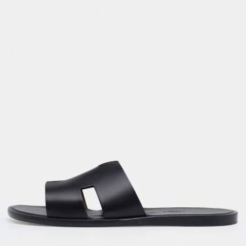 Pre Owned Hermes Black Leather Izmir Slide Sandals Size 45