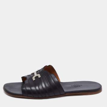 Pre Owned Hermes Black Leather Slide  Sandals Size 41