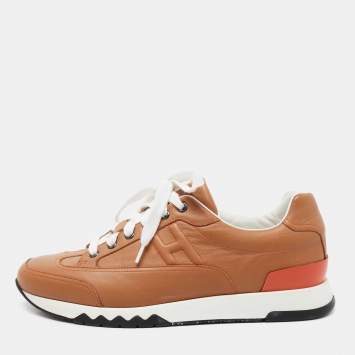 Pre Owned Hermes Tan Leather H Logo Low-Top Sneakers Size 42