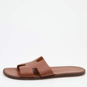Pre Owned Hermes Brown Leather Izmir Flat Slides Size 47