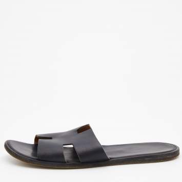 Pre Owned Hermes Black Leather Izmir Flat Slides Size 47