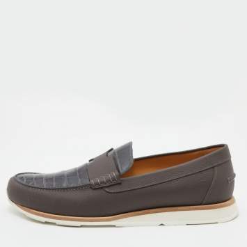 Pre Owned Hermes Brown/Grey Alligator Leather Kennedy Slip On Loafers Size 42