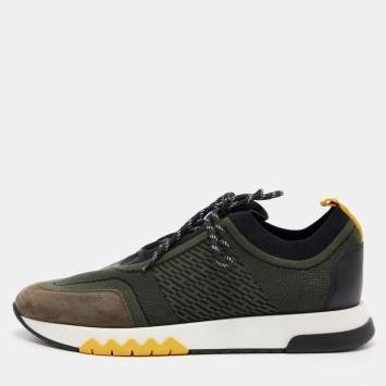 Pre Owned Hermes Green/Black Knit Fabric and Suede C-Addict Sneakers Size 42
