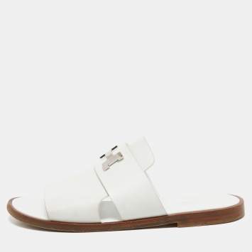 Pre Owned Hermes White Leather Arles Slides Size 43