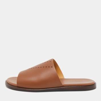 Pre Owned Hermes Brown Leather Flat Slides Size 43