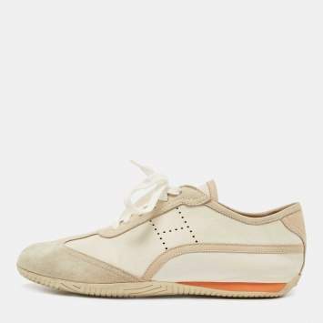 Pre Owned Hermes White/Grey Suede and Leather Pewter Perforated H Lace Up Sneakers Size 41