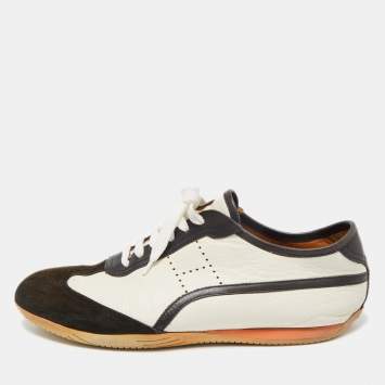 Hermes White/Brown Leather and Suede Low Top Sneakers Size 45