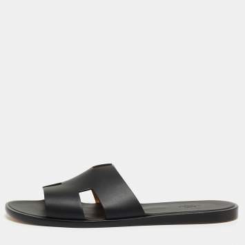 Pre Owned Hermes Black Leather Izmir Slide Flats Size 47