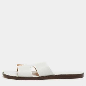 Pre Owned Hermes White Leather Izmir Slide Flats Size 47