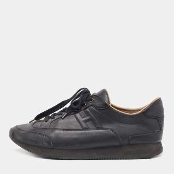 Pre Owned Hermes Black Leather Quicker Low Top Sneakers Size 42.5