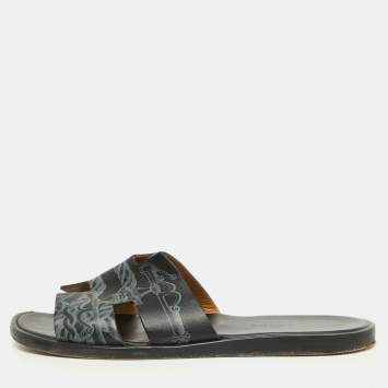 Hermes Black Printed Leather Izmir Slides Size 41
