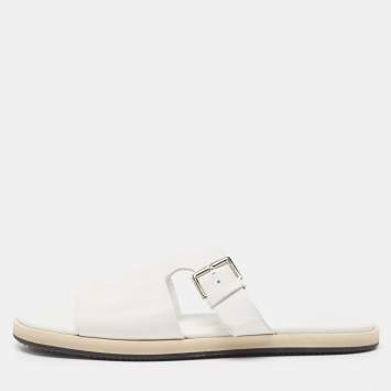 Pre Owned Hermes White Leather Buckle Detail Flat Slide Sandals Size 42.5