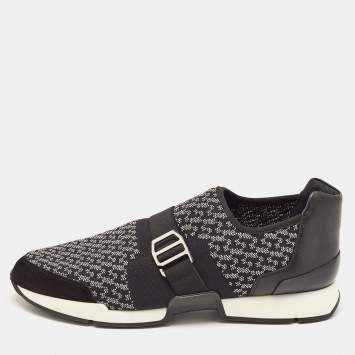 Pre Owned Hermes Black/White Knit Fabric and Leather Run Sneakers Size 42