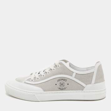 Pre Owned Hermes Grey/White Leather and Canvas Get Low Top Sneakers Size 42