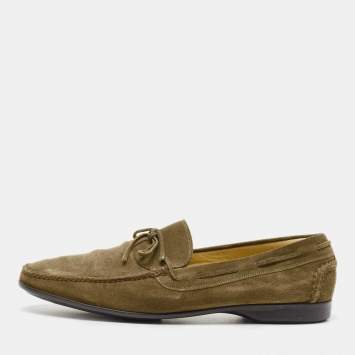 Pre Owned Hermes Olive Green Suede Bow Accents Loafers Size 44