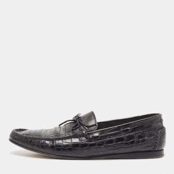 Pre Owned Hermes Black Alligator Bow Slip On Loafers Size 43