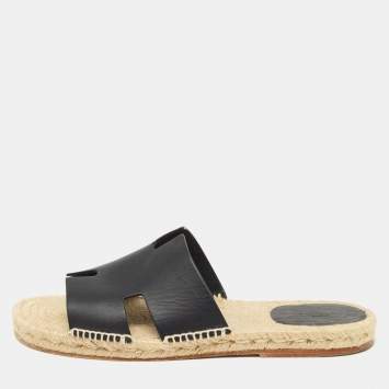Pre Owned Hermes Black Leather Antigua Espadrille Flats Size 45 