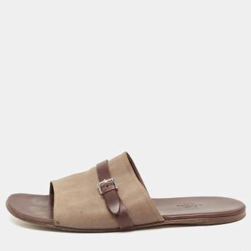 Pre Owned Hermes Brown/Brown Leather and Suede Flat Slides Size 43 
