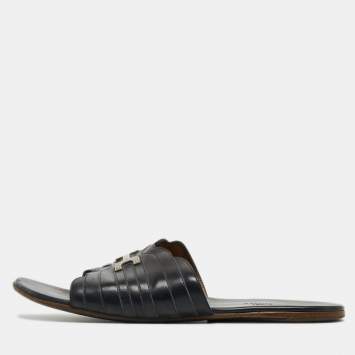 Pre Owned Hermes Black Leather Flat Slides Size 43.5  